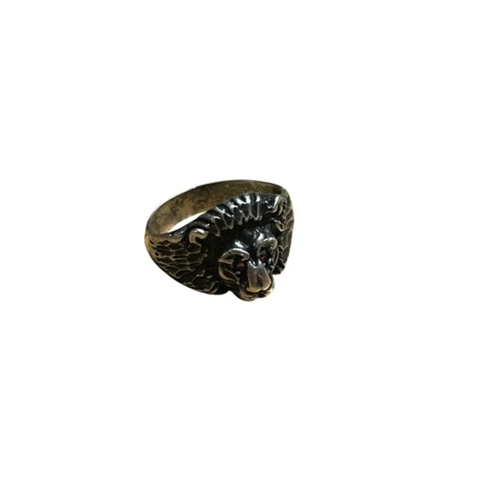 Vintage Sterling Silver Lion Head Ring Ruby Eyes SZ 9 Atlantic‎ Jewelry Co